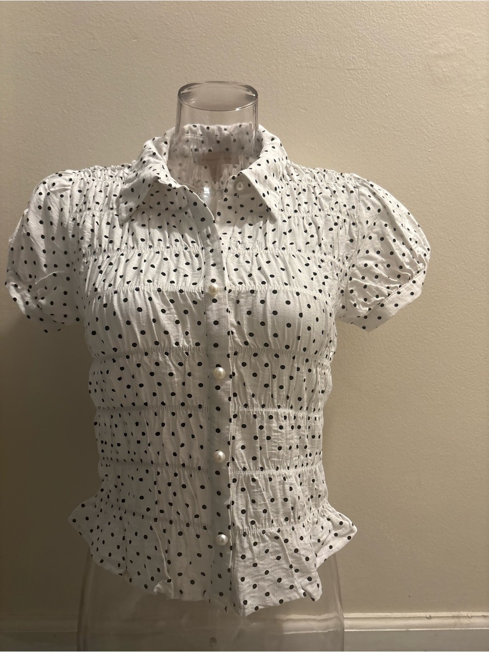 Monteau White Button-Front Polka Dot Puff Sleeve Top
